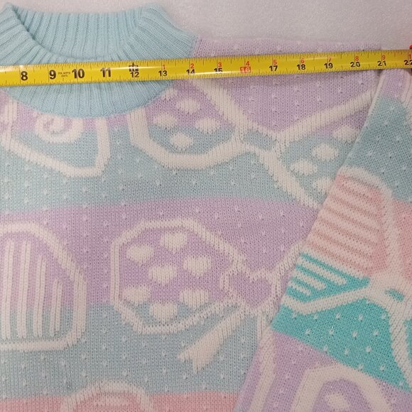 Vintage 80s Pastel Knit Sweater Geometric Bow Pattern Retro Pullover Holiday L - Picture 3 of 9
